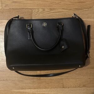 Tory Burch Black Leather Tote Bag with Gold Logo